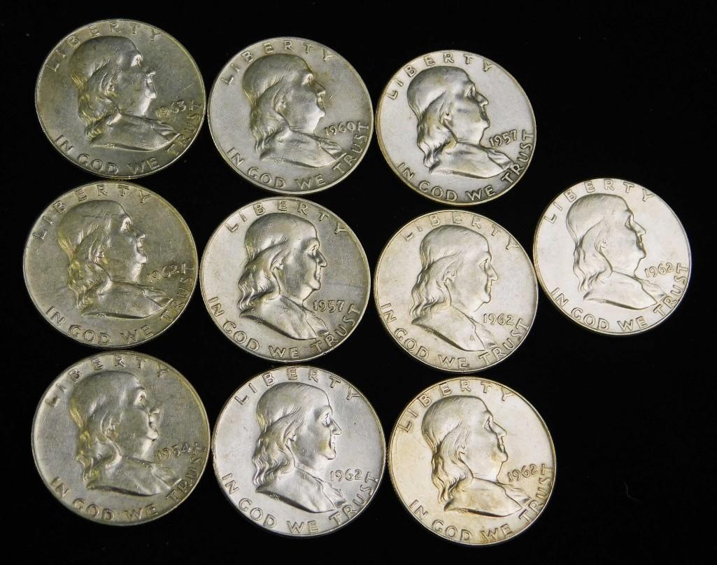 10 Franklin Half Dollars in Ex Fin - AU Condition (1 of 2)