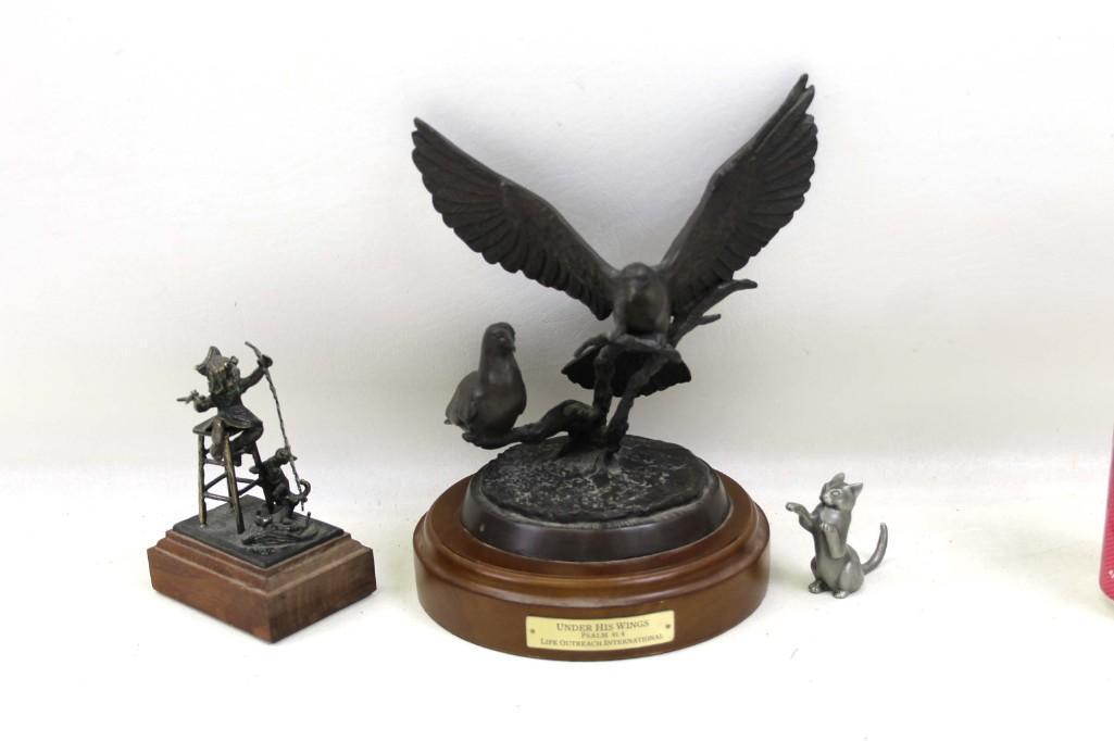 Bronze Bird Statue , Metal Girl with Cat , and Pewter (1 of 7)