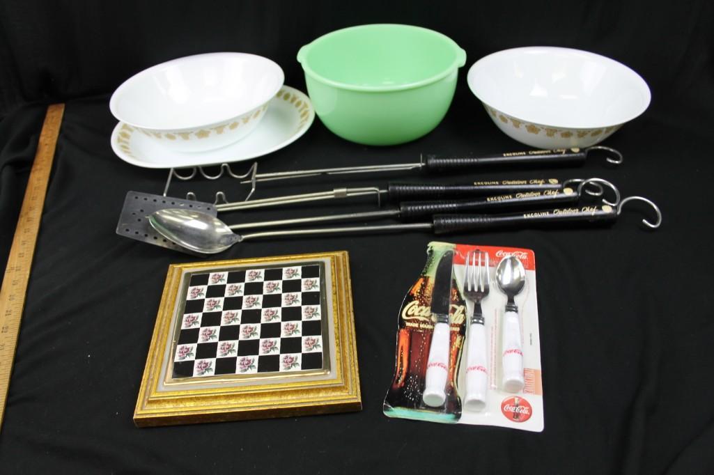 Jadeite Glass Bowl plus Vintage BBQ Utensils , Corelle: Jadeite Glass Bowl plus Vintage BBQ Utensils , Corelle , Coca Cola , Etc