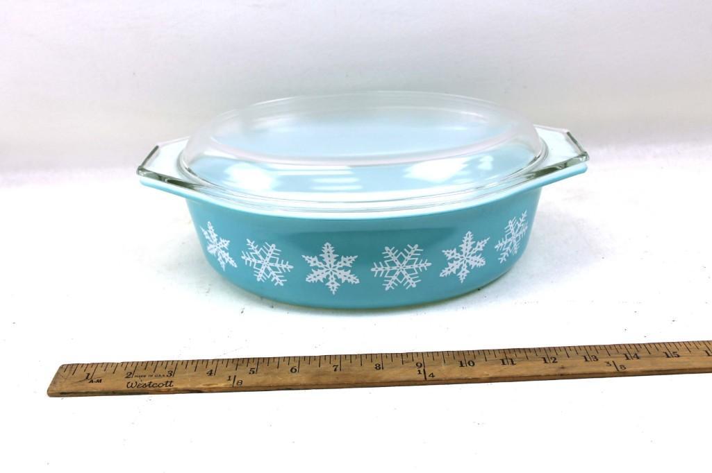 Vintage Pyrex Aqua Snowflake Oval Casserole Dish with (1 of 3)