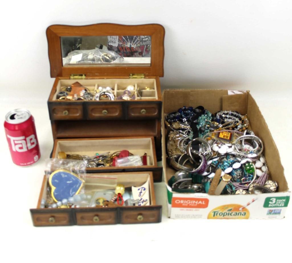 Lot of Costume Jewelry , Watches , Jewelry Box: Lot of Costume Jewelry , Watches , and a Jewelry Box