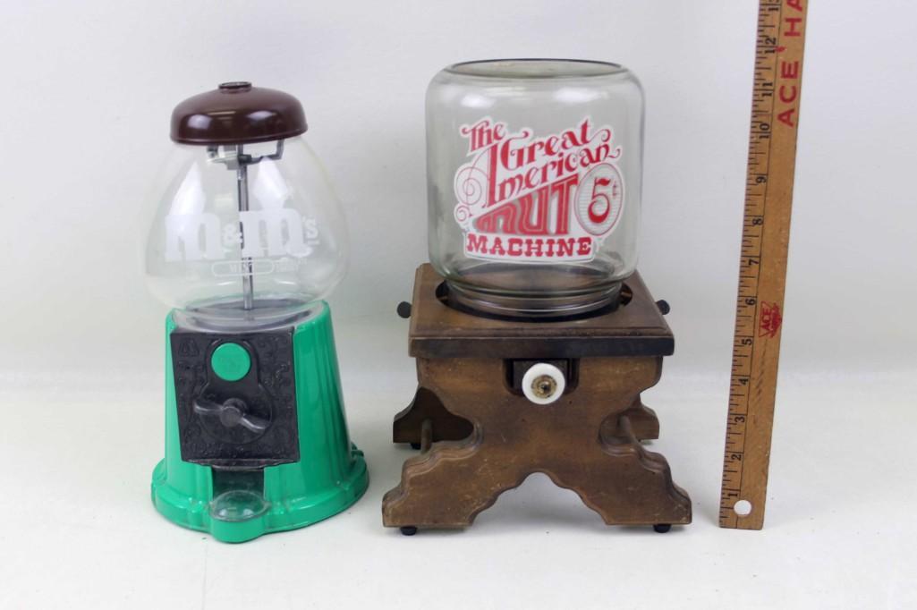 Lot of 2 Candy , Nut , or Gumball Dispensers or: Lot of 2 Candy , Nut , or Gumball Dispensers or Machines including a M&M's dispenser and The Great American Nut Machine