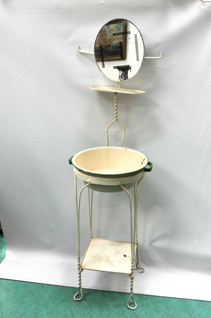 Antique Metal Wash Stand or Shaving Stand with Mirror: Antique Metal Wash Stand or Shaving Stand with Mirror . Approx 56 1/2" tall x 16 3/4" wide