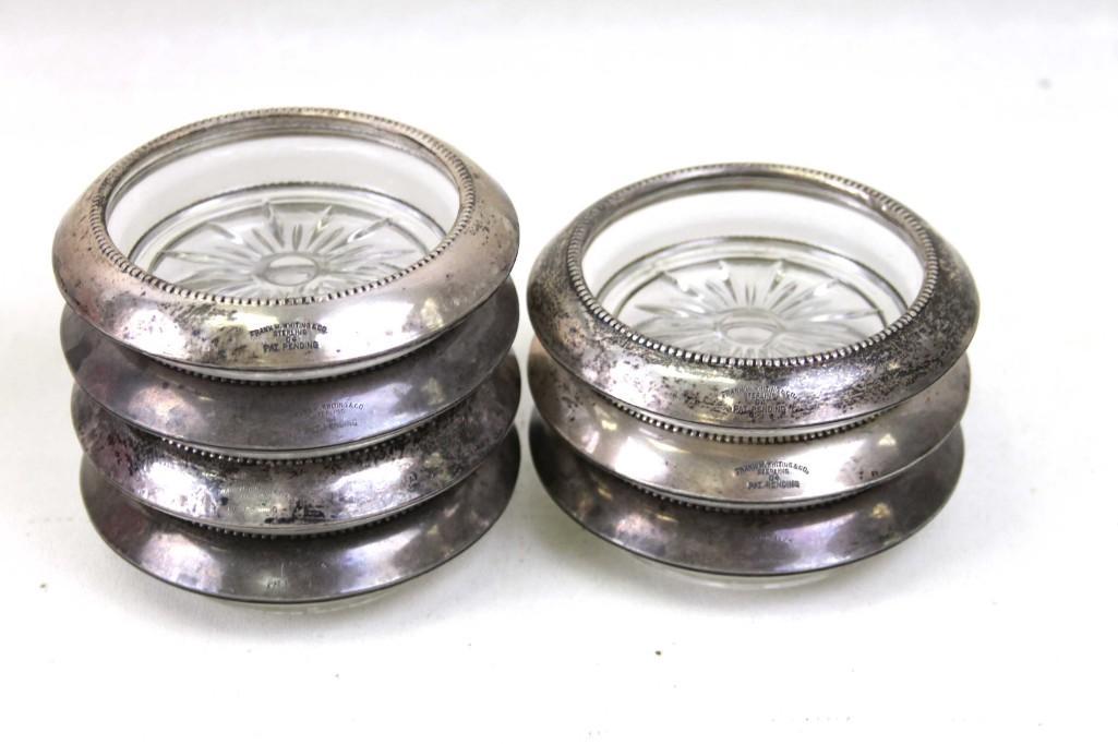 Set of 7 Coasters with Sterling Silver Rims: Set of 7 Vintage Glass Coasters with Sterling Silver Rims