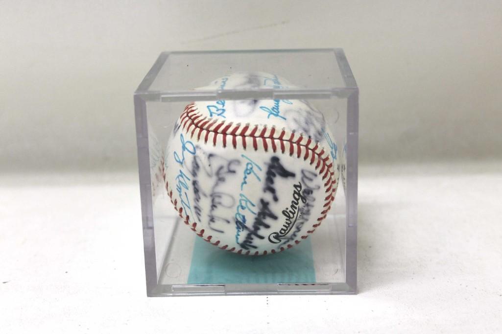 Baseball Signed w 25 Former MLB Hall of Famers and: Baseball Signed w 25 Former MLB Hall of Famers and Stars NO COA . Includes Bob Feller , Bill Mazeroski , Jose Cardenal , Mim "Mudcat" Grant , Walt "Moose" Moryn , Jim Perry , Roy Sievers , Dick