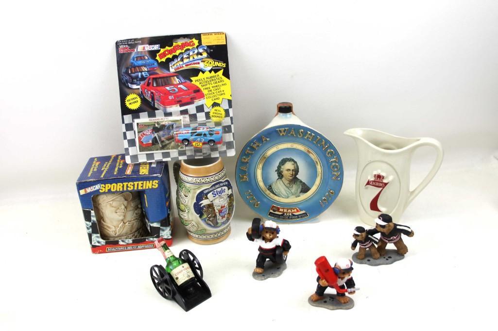 Lot of Collectibles incl Beer Steins , Sports Bears ,: Lot of Collectibles incl Nascar Beer Stein , Sports Bears , Die Cast Car , Jim Beam Decanter , Miller Old Style Stein, etc