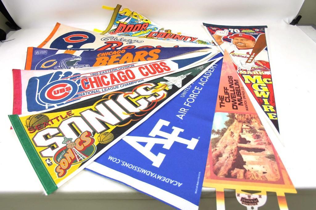 Lot of Pennants incl Sports: Lot of Pennants incl Chicago Cubs , Chicago Bears , Seattle Sonics , Air Force Academy , The Cliff Dwellings Museum , Door County , Mark McGwire