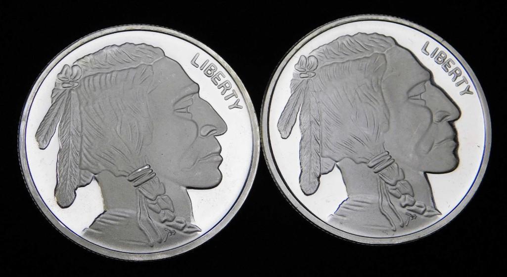 2 BU Indian Head Buffalo Silver Rounds 1 oz Each: Lot of 2 Brilliant Uncirculated Indian Head Buffalo Rounds .999 fine silver. 1 ounce each for a total of 2 ounces