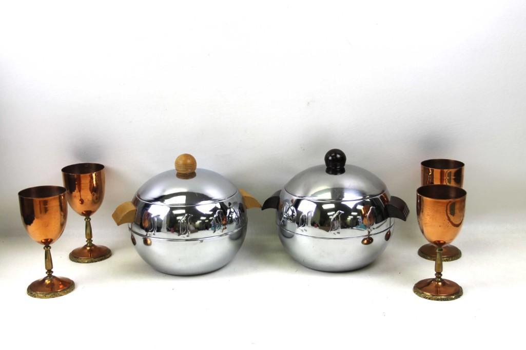 2 MCM Penguin Ice Buckets and 4 Copper and Brass: 2 Vintage Penguin Ice Buckets and 4 Copper and Brass Goblets or Wine Glasses 