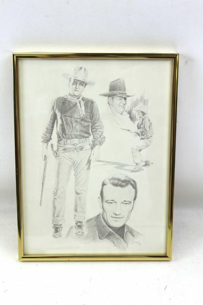 John Wayne Charcoal sketch lithograph by Glen Fortune: Framed John Wayne Charcoal sketch lithograph by Glen Fortune Banse 1975