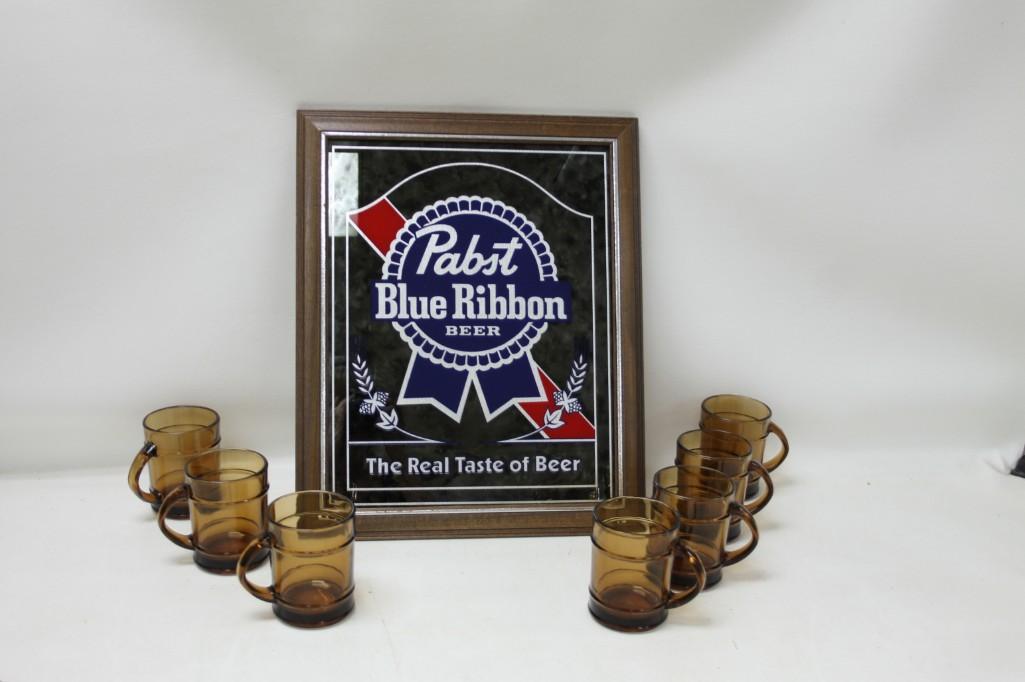 Pabst Blue Ribbon Beer Mirror and 7 Glasses / Mugs: Pabst Blue Ribbon Beer Mirror and 7 Glasses / Mugs PBR Sign says "The Real Taste of Beer"