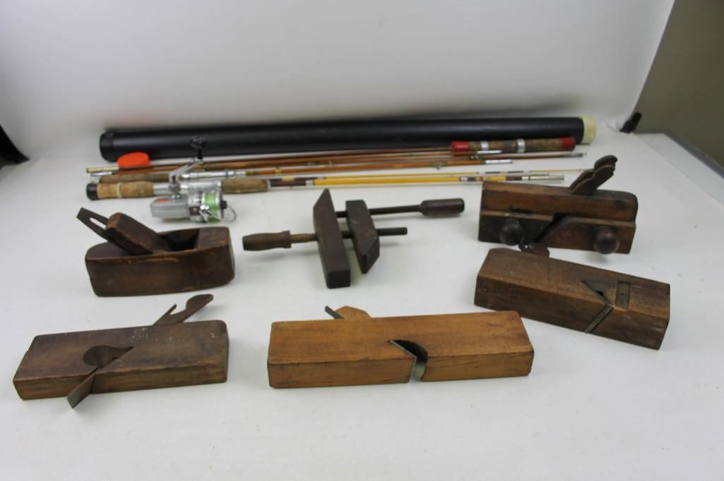 Lot of Old wooden Tools and Fishing Poles: Lot of Old wooden Tools and Fishing Poles Looks like old wooden planers and a clamp 