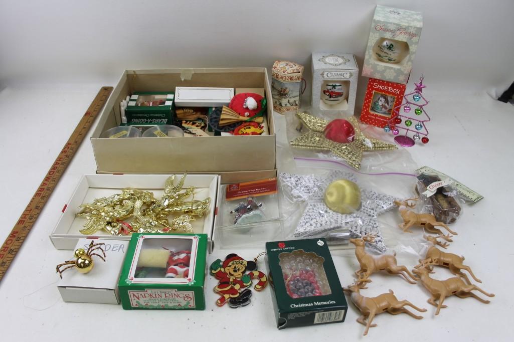 Christmas Lot Decorations, Ornaments, etc.: Christmas Lot Decorations, Ornaments, etc. Includes Mickey Mouse, Shoe Box, a Spider Ornament, Reindeer, etc.