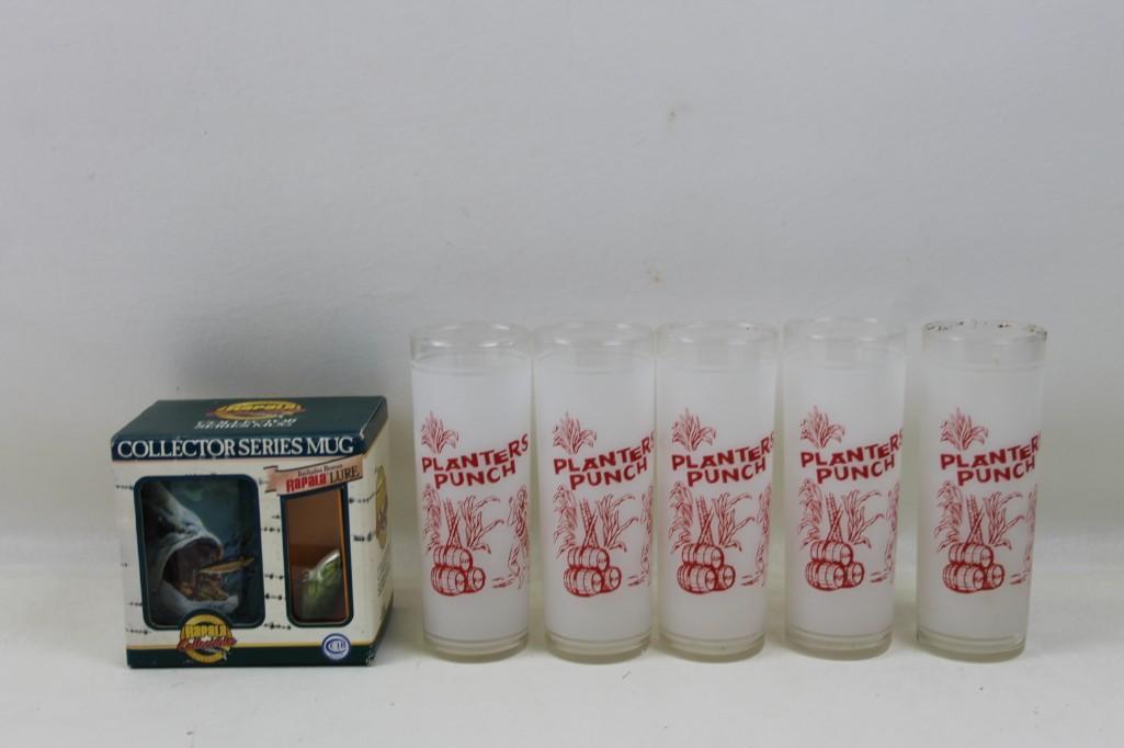 Lot of Planters Punch Frosted Tiki Glasses and a: Lot of Planters Punch Frosted Tiki Glasses and a fishing mug Fishing Mug comes with a bonus Rapala fishing lure The glasses are perfect for making really strong drinks with lots of fruit juice, so the