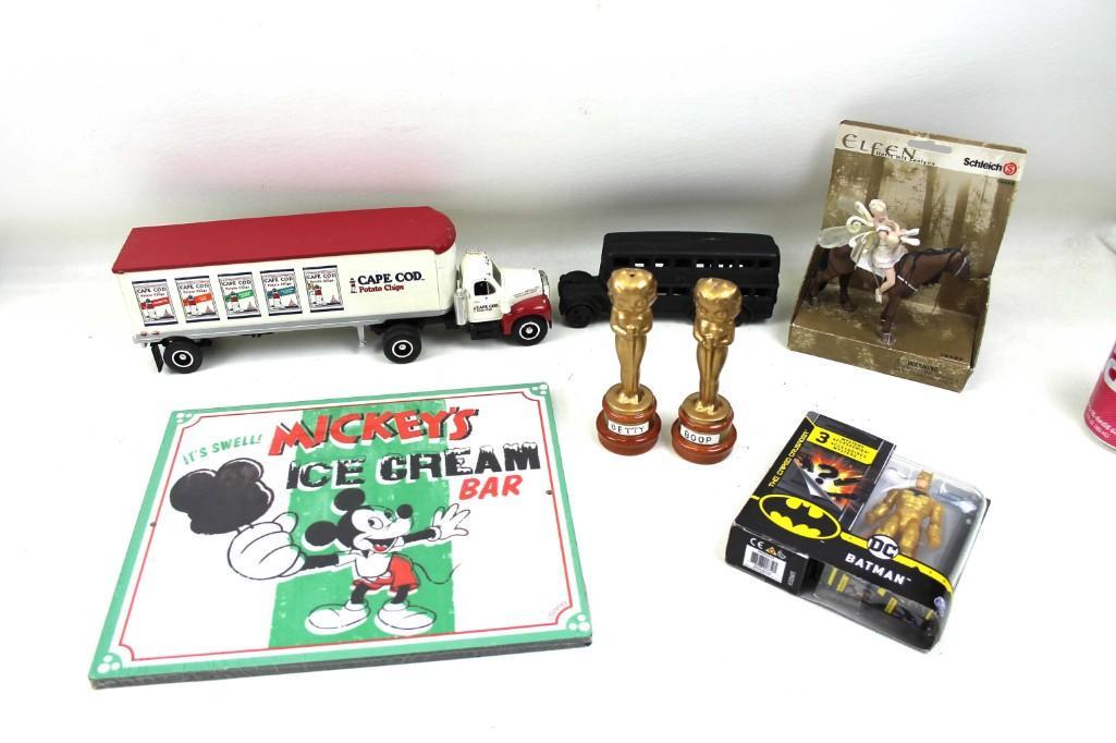 Lot of Collectible Toy Items: Includes Betty Boop Oscar Salt and Pepper Shakers , Cape Cod Potato Chips Diecast Truck , Schleich Elfen Lloris mit Leolynn New in Package, Cast Iron Double Decker Bus , Mickey's Ice Cream Bar Sign , 
