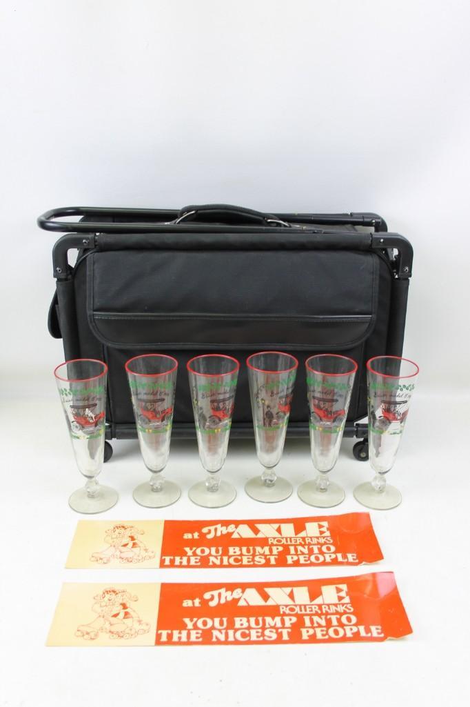 Roller Rink Bumper Stickers, Buick Glasses, Suitcase: Roller Rink Bumper Stickers, Buick Glasses, Suitcase with rollers "At the Axle Roller Rinks You Bump into the Nicest People"