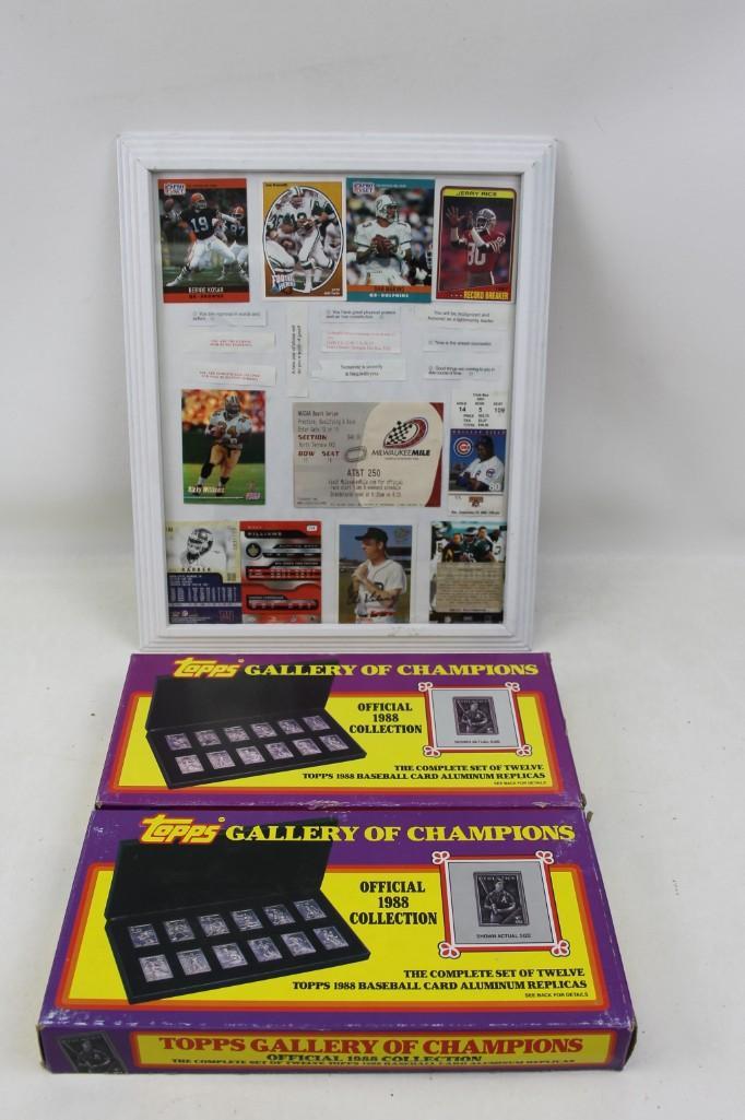 Topps Gallery of Champions 1988 Collection and a Framed: Topps Gallery of Champions 1988 Collection 2 boxes and a Framed Sports Card Set with fortune cookie fortunes and some ticket stubs Bernie Kosar Joe Namath Dan Marino Jerry Rice Al Kaline&nb
