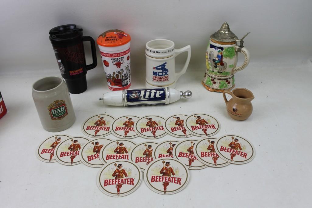 Beer Steins, Beefeater Coasters, Tapper, Coffee Mugs,: Beer Steins, Beefeater Coasters, Tapper, Coffee Mugs, etc. Miller Lite, Dortmunder Actien-Brauerei 1982 Chicago White Sox, 1992 Chicago Bulls, The Glenmorangie, Music Box Stein etc.