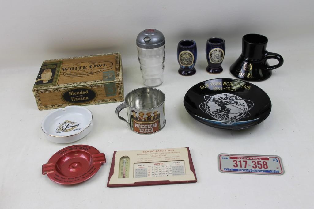 Misc Lot Ash Trays, New York World's Fair, Ponderosa: Misc Lot Ash Trays, 1964 New York World's Fair, Ponderosa Ranch, Cigar Box, Shot Glasses, Cadillac etc.