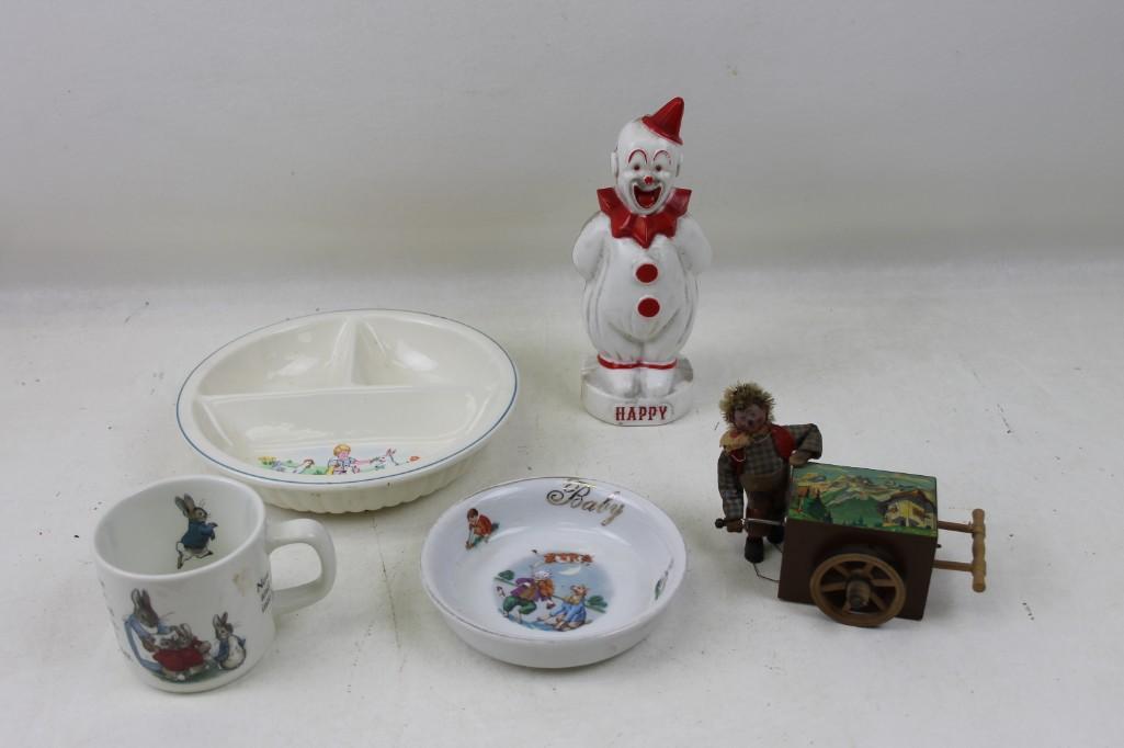 Children's/baby dishes, clown, etc.: Children's/baby dishes, clown, etc. Includes Wedgewood Peter Rabbit, Germany