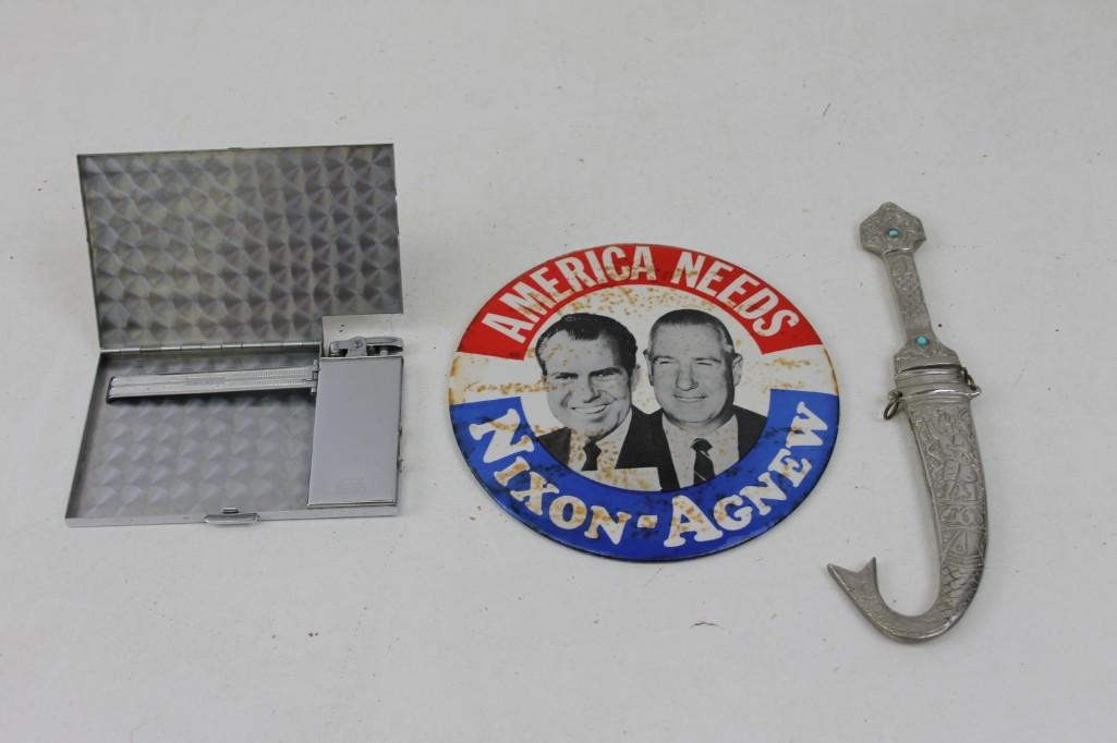 Cigarette Case, Nixon Button, Fish Shaped Knife with: Cigarette Case, Nixon Button, Fish Shaped Knife with Sheath