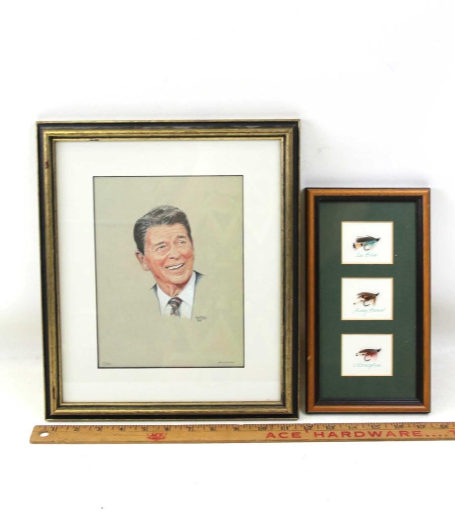 Ronald Reagan Limited Edition Print, and Framed Fly: Ronald Reagan Limited Edition Print, and Framed Fly Fishing Lures 22 / 950 John Cowan Lee Blue, Fiery Brown and O'Donoghue