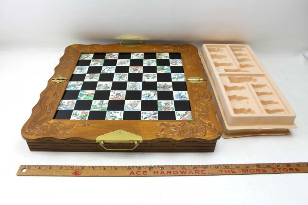 Onyx Chess Set with Carved Wood Storage: Onyx Chess Set with Carved Wood Storage and Asian Style Pieces Condition: Has some places in the wood where the finish has worn off. Please see all pictures