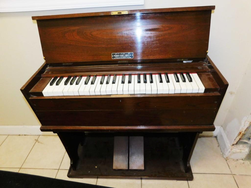 Shanghai Piano & Organ Co. Portable Pump Organ: Shanghai Piano & Organ Co. Portable Pump Organ All of the keys work and both pedals work. It sounds like an accordion. This collapses down and can be moved by one person. Roughly 32" wide by 14" deep 