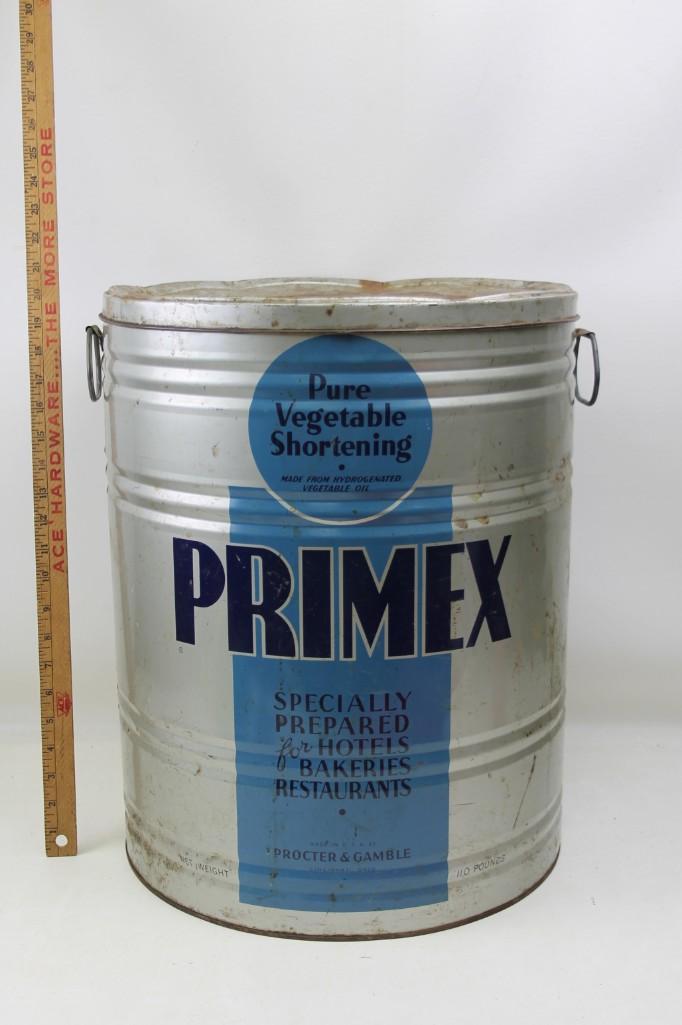 Vintage Primex Vegetable Shortening Tub: Vintage Primex Vegetable Shortening Tub This is a large - if full of shortening, it would hold 110 lbs. "Made from Hydrogenated Vegetable Oil" <-- They don't let you put this in food anymore.