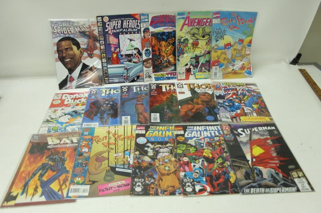 Comic Book Lot Including Spiderman, Avengers, Ren &: Comic Book Lot Including Spiderman, Avengers, Ren & Stimpy, Thor, Captain America, Superman, Donald Duck, Guardians of the Galaxy, The Infinity Gauntlet. The Amazing Spiderman features Barack Obama