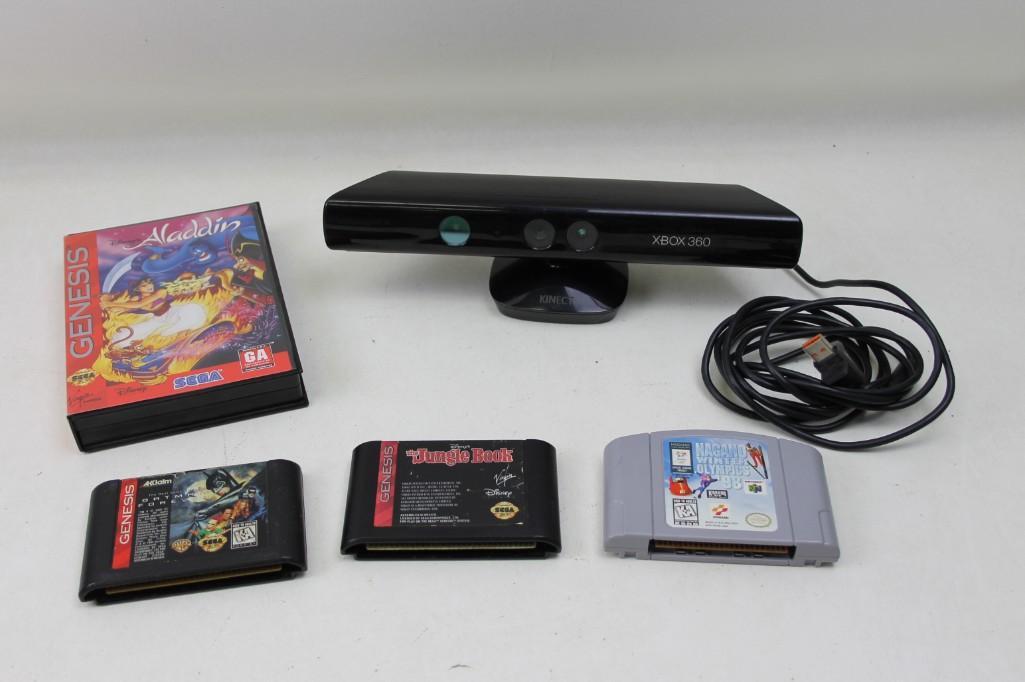 Misc. Video Game Lot XBox 360 Kinect and some games: Misc. Video Game Lot XBox 360 Kinect and some games Genesis games - Aladdin, Jungle Book, Batman Forever SNES Game - Nagano WInter Olympics '98 Doesn't include any game systems.