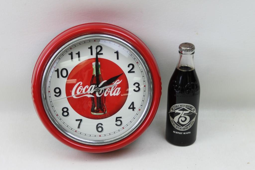 Coca Cola Wall Clock and 75th Anniversary Bottle: Coca Cola Wall Clock and 75th Anniversary Bottle