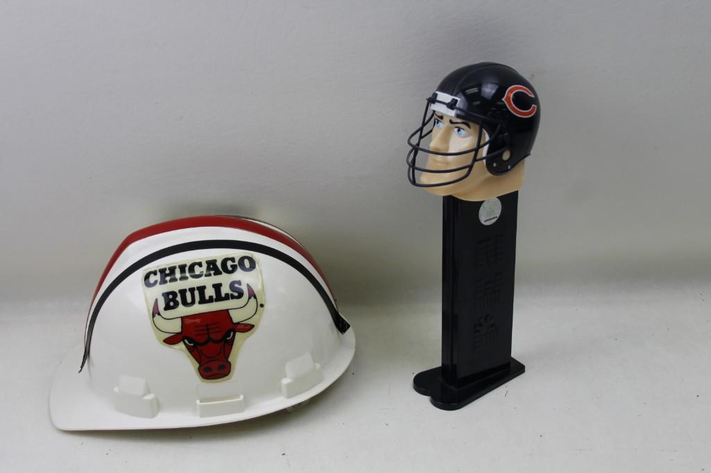 Chicago Bulls Hard Hat and Giant Chicago Bears Pez: Chicago Bulls Hard Hat and Giant Chicago Bears Pez Dispenser Pez Dispenser dispenses whole packs of Pez