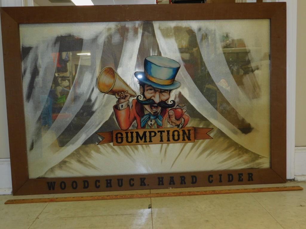Woodchuck Hard Cider Gumption Bar Mirror: Woodchuck Hard Cider Gumption Beer Bar or Pub Mirror Just under 3 feet long about 23" tall with a nice wooden frame and a Gumption Ringmaster graphic on the mirror 