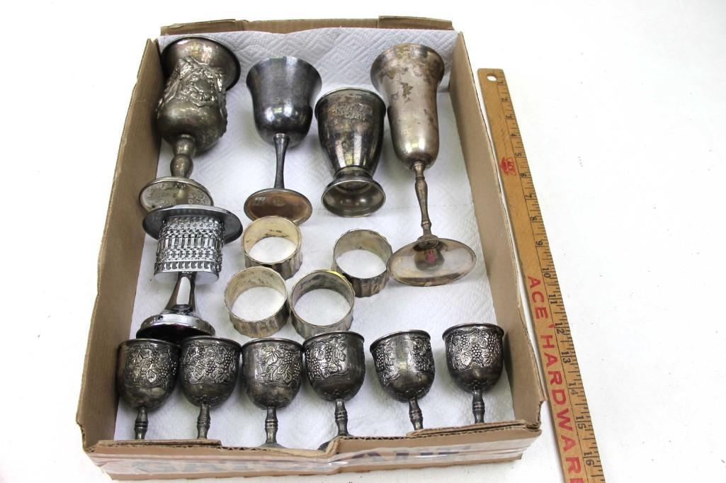 Lot of Metal Ware incl Silverplate: Lot of Metal Ware incl Silver Plate . Includes goblets, liqueur glasses, napkin rings , etc