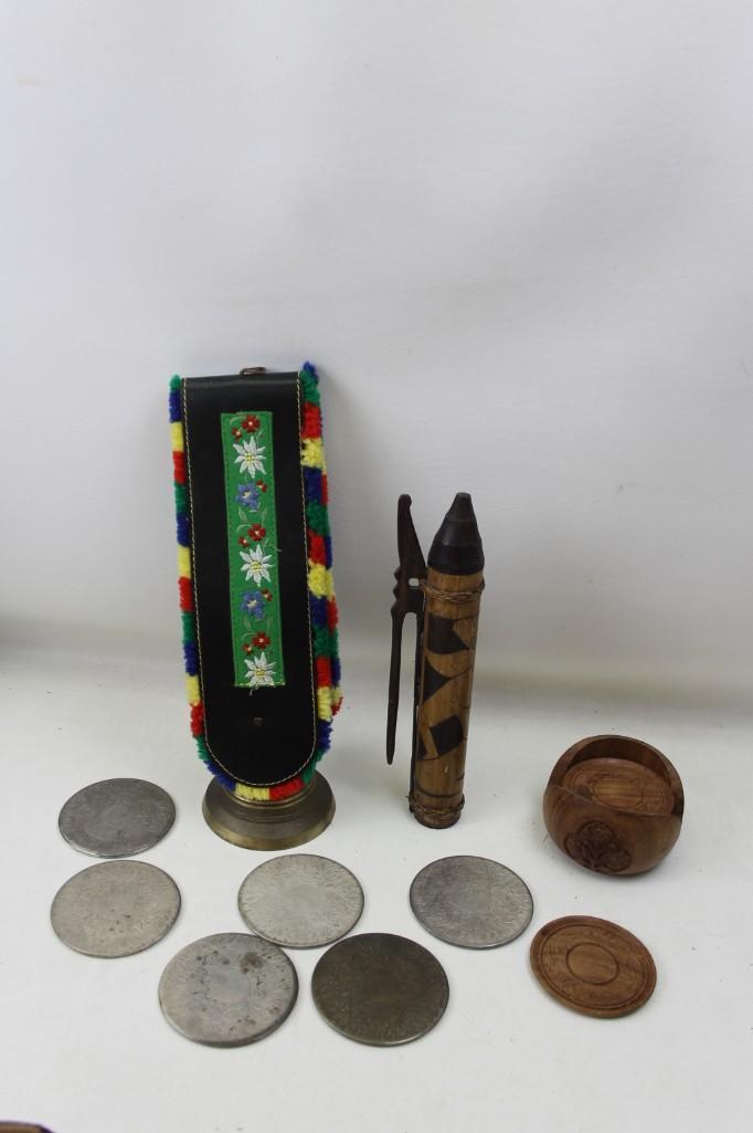 Bell, Metal and wood coasters and a bamboo thing: Decorative Brass Bell, Metal and wood coasters and a bamboo thing 