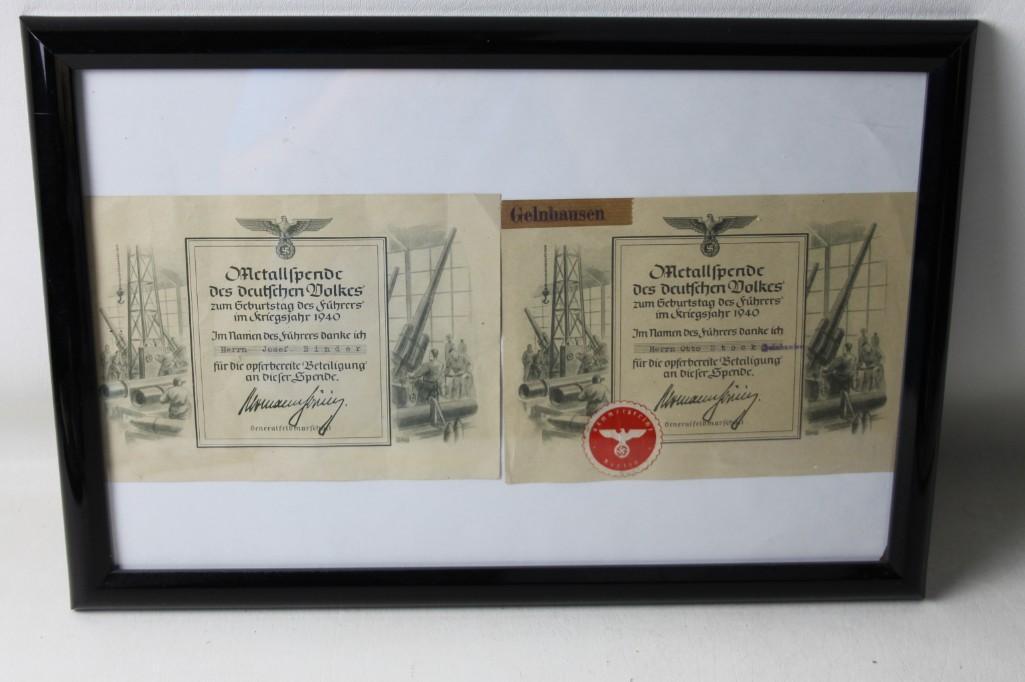 WW2 German War Donation Certificates: WW2 German War Donation Certificates These were for donating Metal to the war effort. Dated 1940 Hermann Goiring Stamp Signature Framed - Roughly 12" x 18"