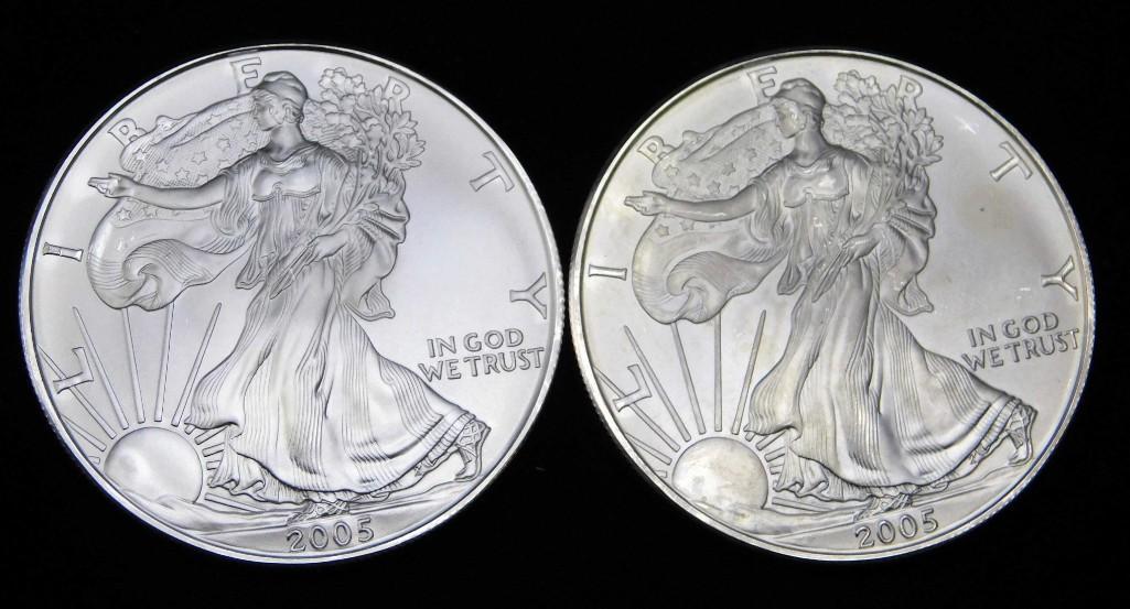 2 BU 2005 American Silver Eagles: Lot of 2 Brilliant Uncirculated American Silver Eagle Coins . Each are 1 ounce of fine silver for a total of 2 ounces