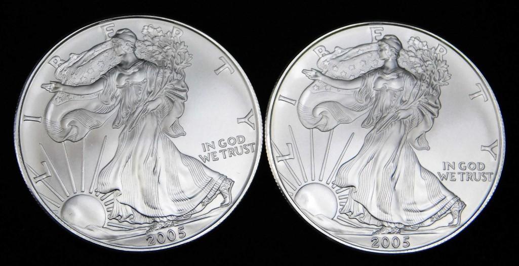 2 BU 2005 American Silver Eagles: Lot of 2 Brilliant Uncirculated American Silver Eagle Dollar Coins . Each is 1 oz of fine silver for a total of 2 ounces of silver
