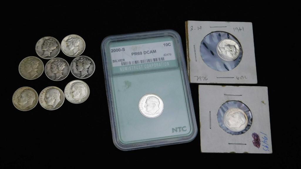 Lot of 11 Dimes incl Mercury Dimes and Roosevelt Dimes: Lot of 11 Dimes incl Mercury Dimes and Roosevelt Dimes Includes a 2000 S Silver Roosevelt Dime Proof 69 DCAM Graded by Numistrust Corporation , 1930-P Mercury, 1936-P Mercury , 1941-P Mercury, 19