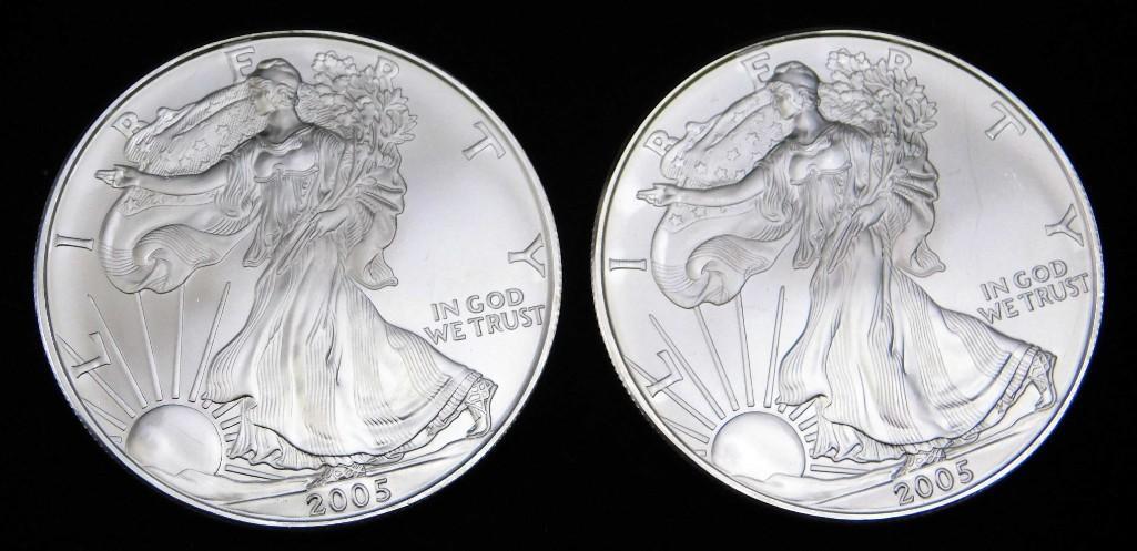 Lot of 2 BU 2005 American Silver Eagles: Lot of 2 Brilliant Uncirculated American Silver Eagle Dollar Coins . Each one is 1 oz of fine silver for a total of 2 ounces
