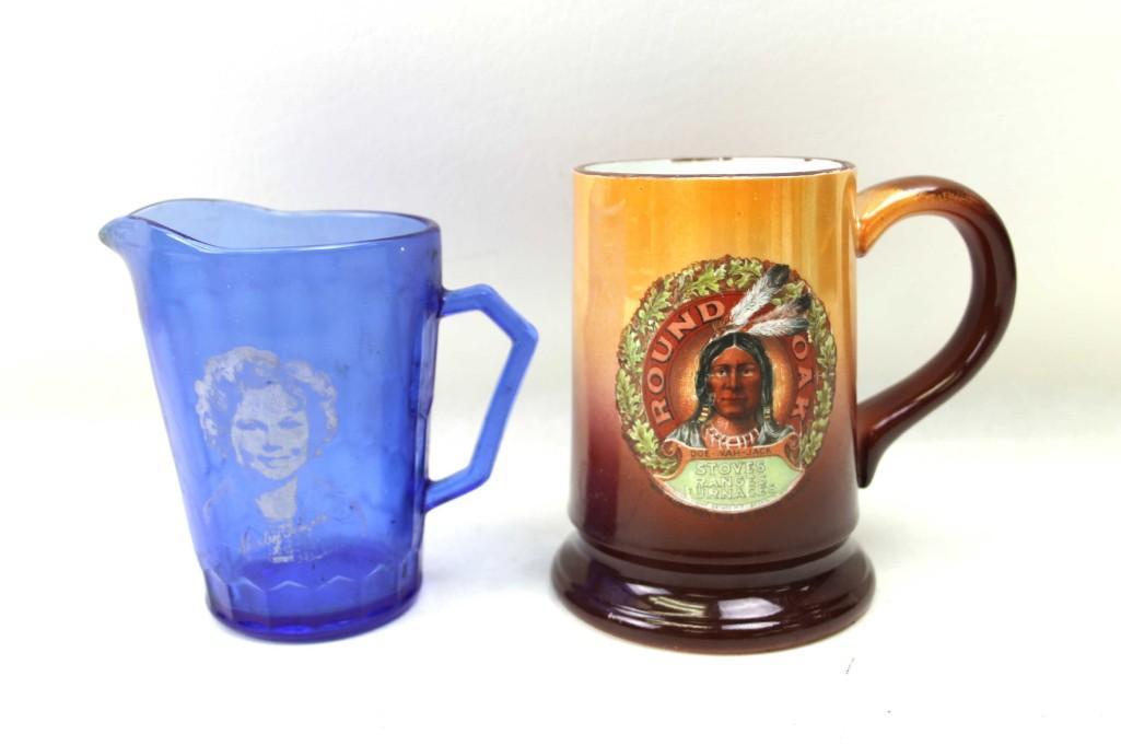 Round Oak Mug or Stein Inscribed on Bottom " Estate of: Round Oak Stove Advertising Mug or Stein Inscribed on Bottom " Estate of P.D. Beckwith, Dowagiac, Mich ." Plus a 1930's Hazel Atlas Cobalt Blue Shirly Temple Creamer
