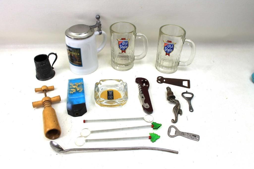 Bar Lot incl Bottle Openers , Beer Mugs , Lowenbrau: Bar Lot incl Bottle Openers , Beer Mugs , Lowenbrau Tap Handle , Ashtray , Etc