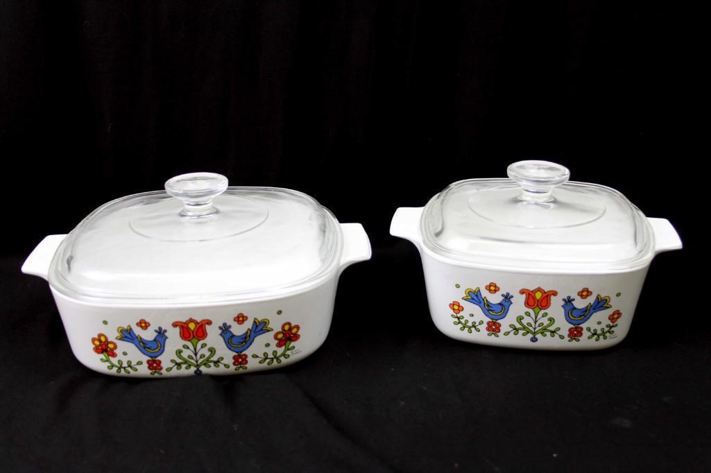 Set of 2 Corning Ware Country Festival Casserole Dishes: Set of 2 Corning Ware Country Festival Blue Birds Casserole Dishes with Lids