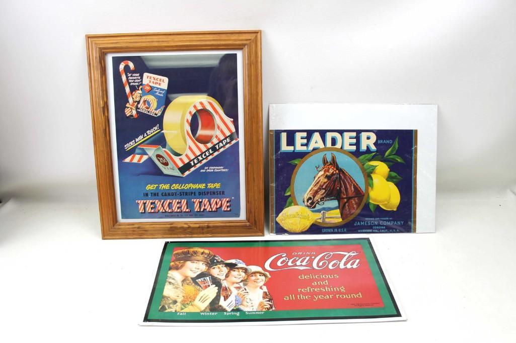 Advertising Lot incl Metal Coca Cola Sign , Framed: Advertising Lot incl Metal Coca Cola Sign , Framed Texcel Tape Print , Leader Lemons