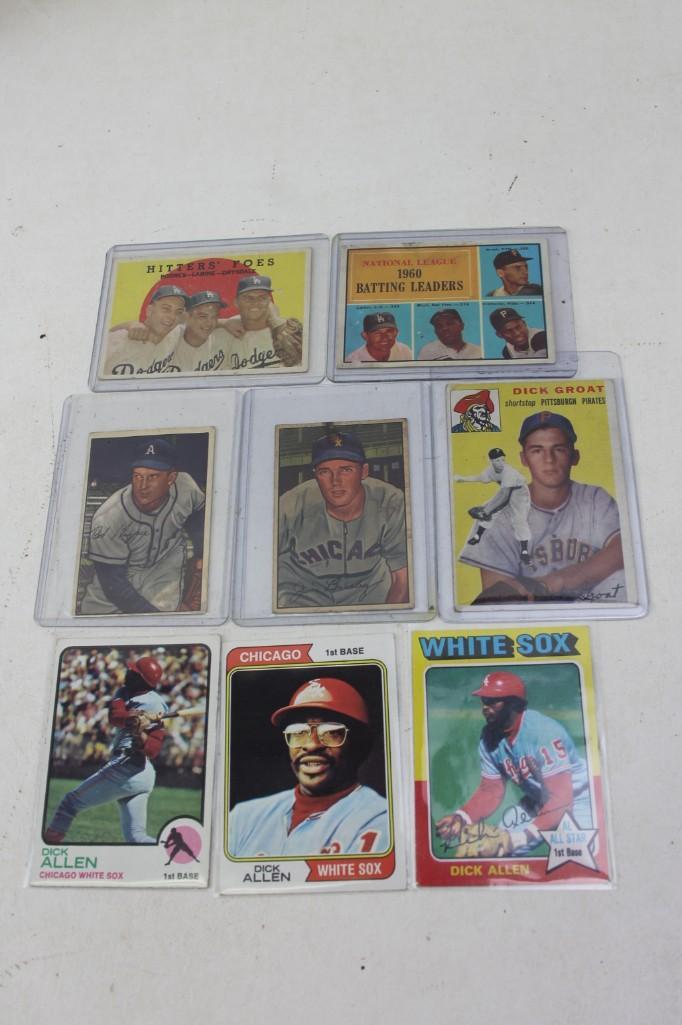 8 1950's 60's and 70's Topps and Bowman Baseball Cards: 8 1950's 60's and 70's Topps and Bowman MLB Cards Hitters' Foes - Podres, Labine, Drysdale, 1960 batting leaders - Larker, Mays, Clemente, Great, 3 Chicago White Sox Dick Allen Cards, Dick Groat
