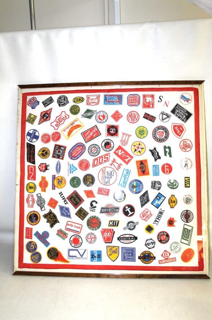 Framed Flag with Railroad Logos: Framed Flag with Railroad Logos Measures about 30 1/2" x 30" Condition: The frame is in really rough condition and is missing 2 sides. If you do not want us to include it with the fl