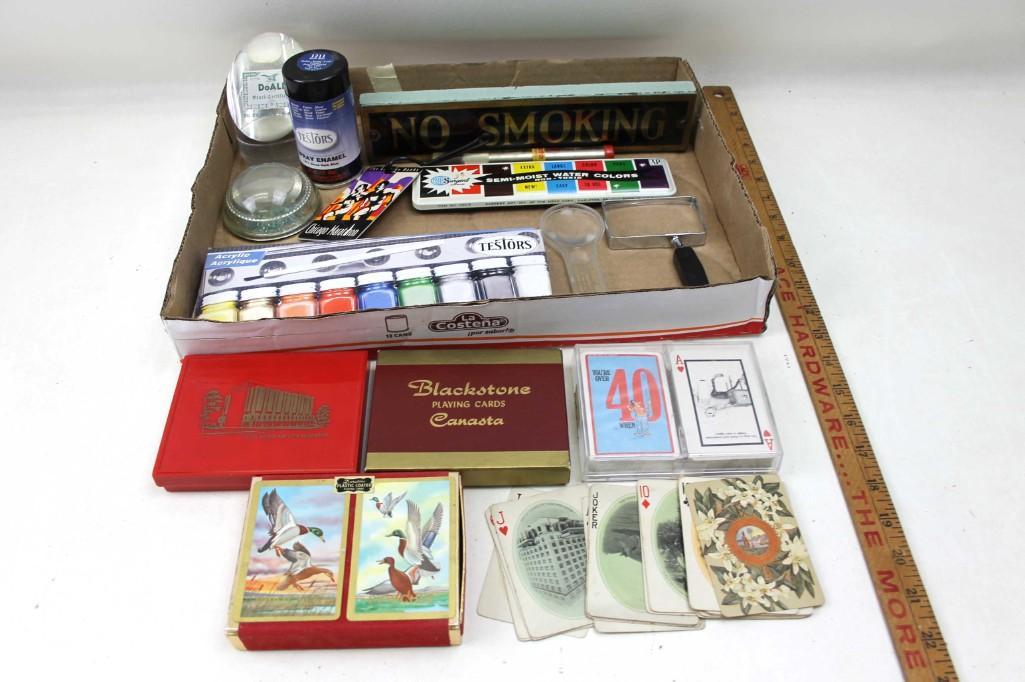 Misc. Lot Vintage Playing Cards, Paints, No Smoking: Misc. Lot Vintage Playing Cards, Paints, No Smoking Sign, Magnifying Glasses, etc.