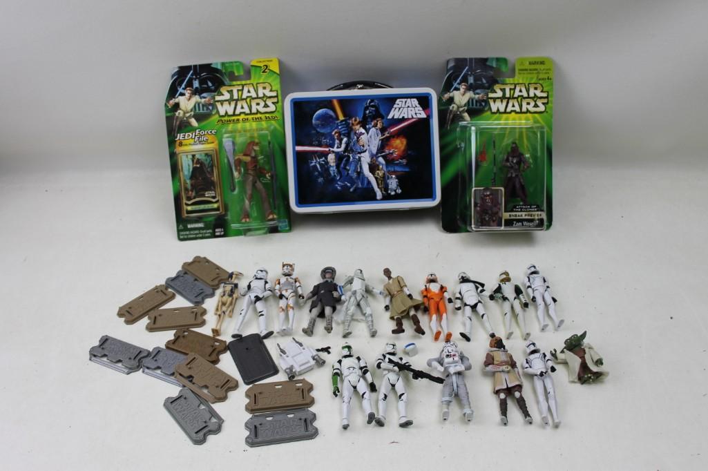 Lot of Star Wars Toys, action Figures, some in boxes,: Lot of Star Wars Toys, action Figures, some in boxes, lunchbox, etc. Lots of storm troopers and other fun stuff