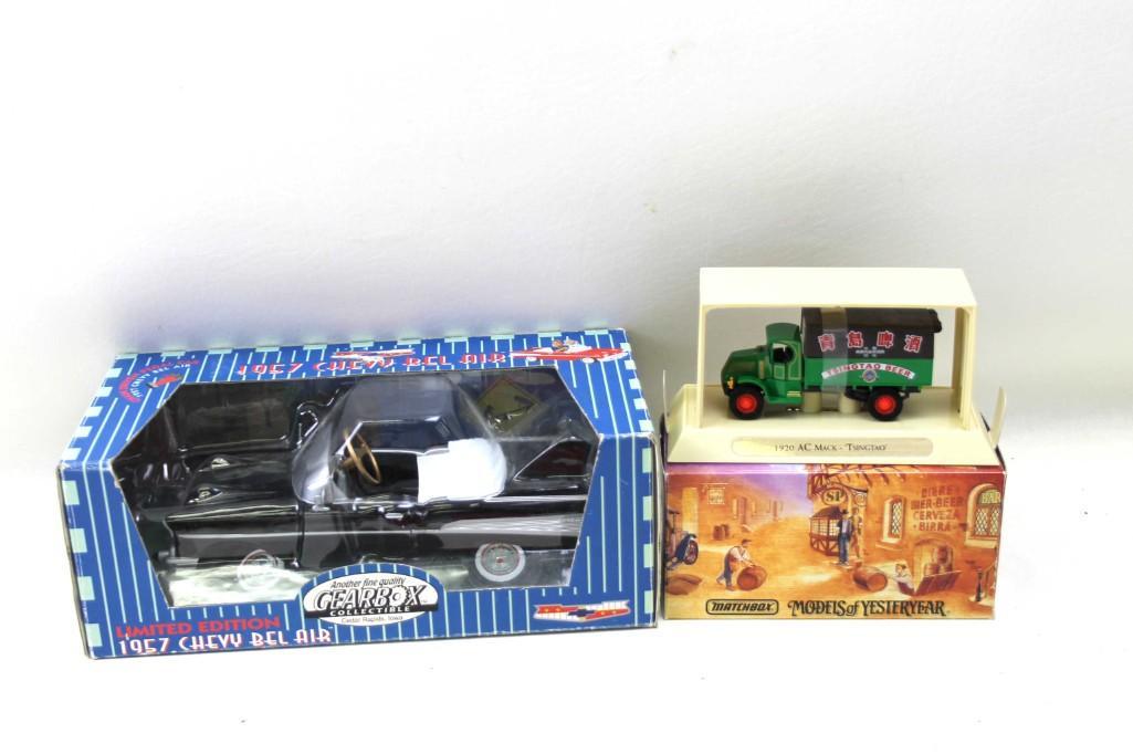 Lot of Collector Cars Matchbox, 1920 AC Mack 1957 Bel: Lot of Collector Cars Matchbox Models of Yesteryear, 1920 AC Mack Tsingtao Advertising Beer Truck, 1957 Chevy Bel Air Gearbox Collectible Car